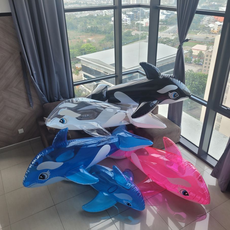 Inflatable whale, inflatable blimp whale, pool toy, blow up toy.